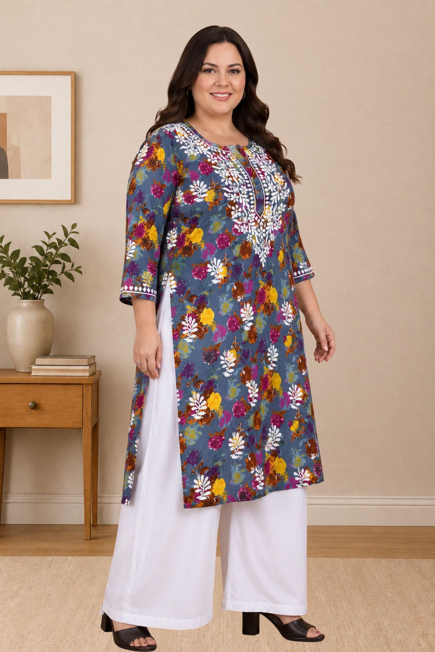 chikankari kurta women ethnic embroidered lucknowi chikan kurti daily wear girls handcrafted cotton fabric casual summer comfortable regular straight fit lakhnavi chicken ladies