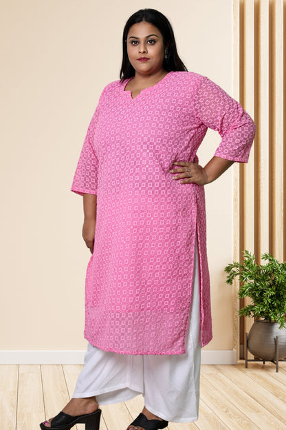 Plus Size Chikan Embroidery Georgette Kurta with Attached Slip