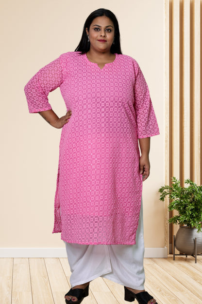 Plus Size Chikan Embroidery Georgette Kurta with Attached Slip