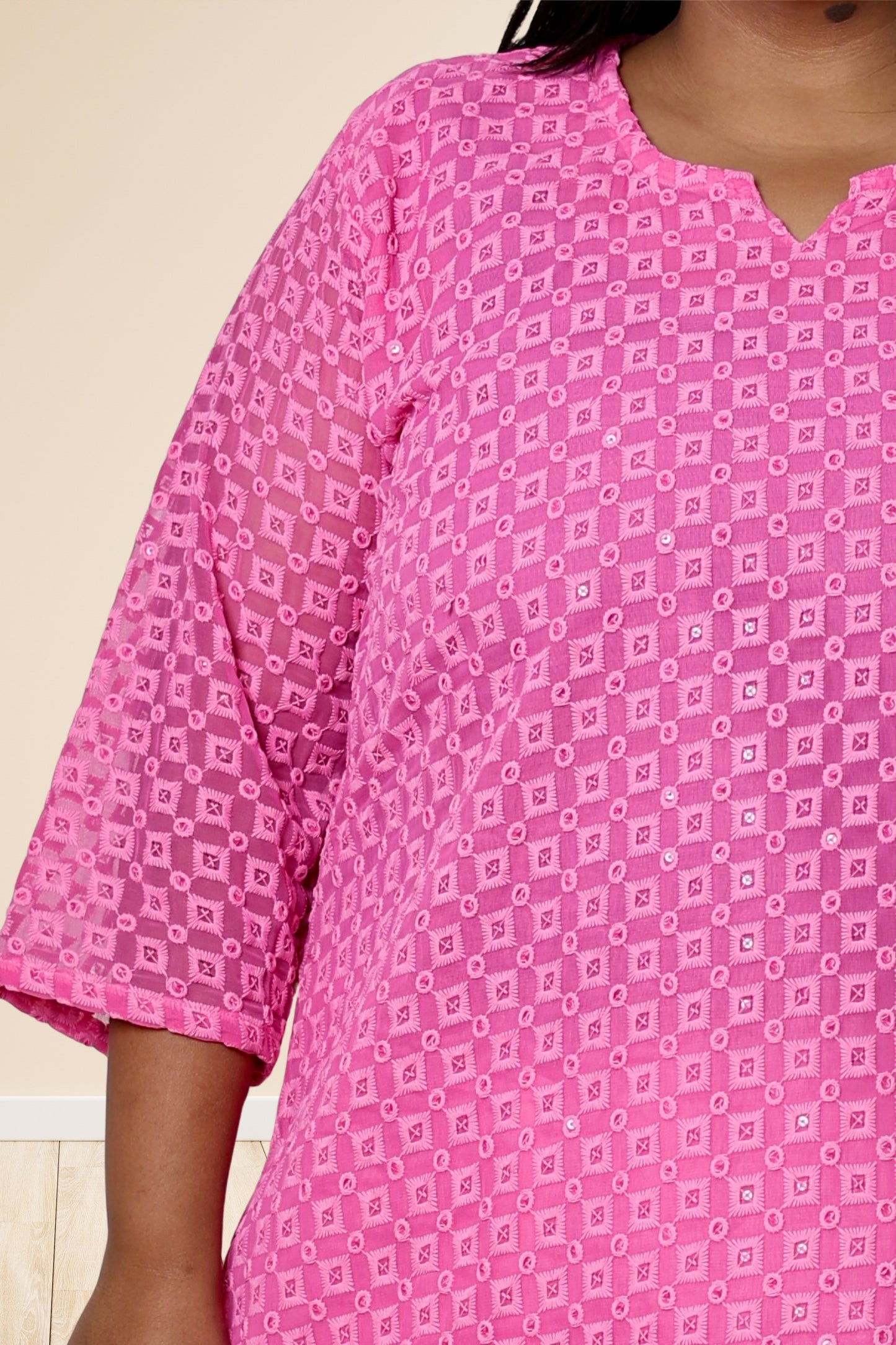 Plus Size Chikan Embroidery Georgette Kurta with Attached Slip