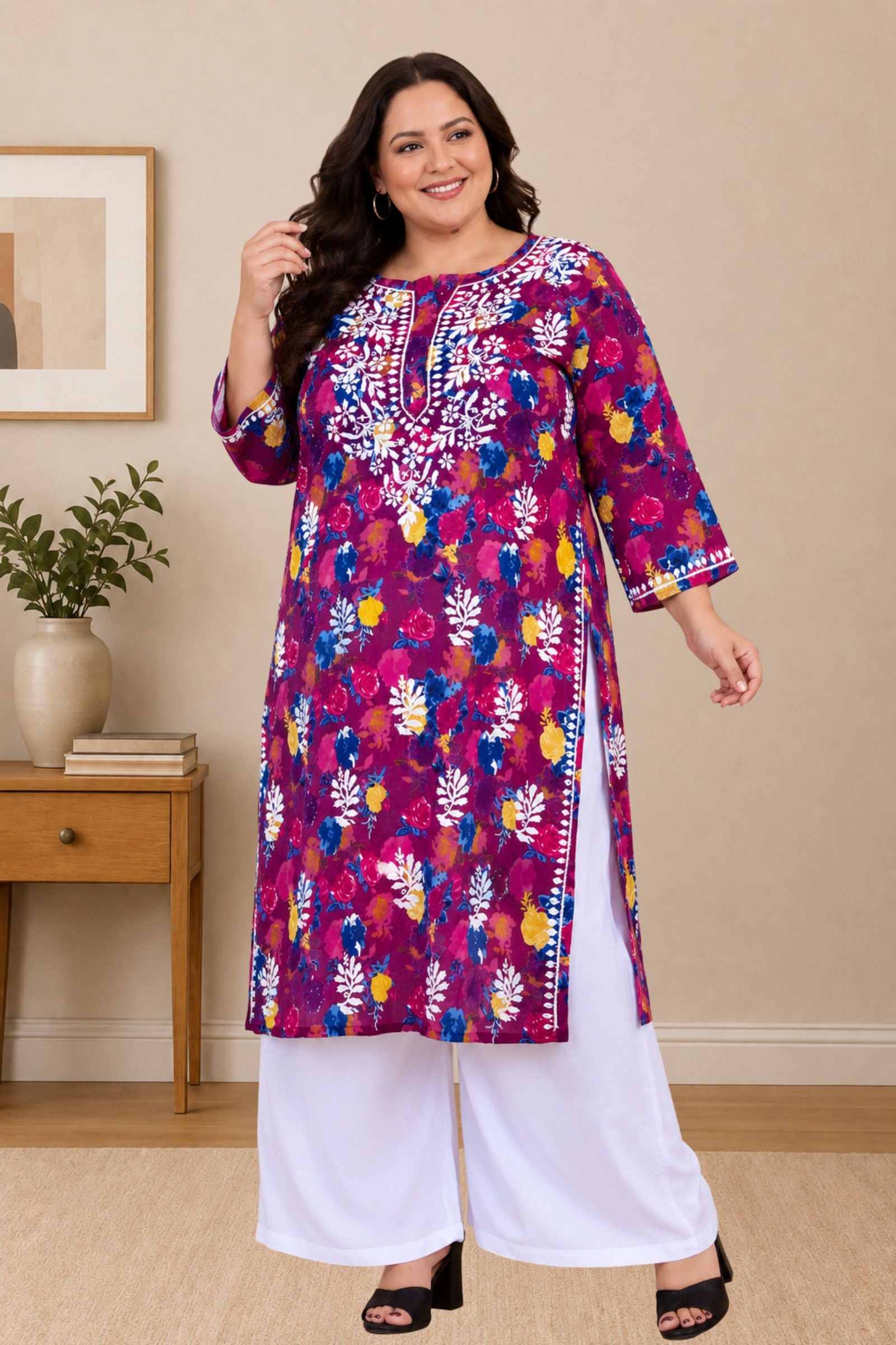 chikankari kurta women ethnic embroidered lucknowi chikan kurti daily wear girls handcrafted cotton fabric casual summer comfortable regular straight fit lakhnavi chicken ladies